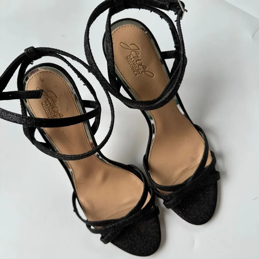 Badgley Mischka Open Toe Black Metallic Stiletto Party Strappy 4.5” Heel Size 10